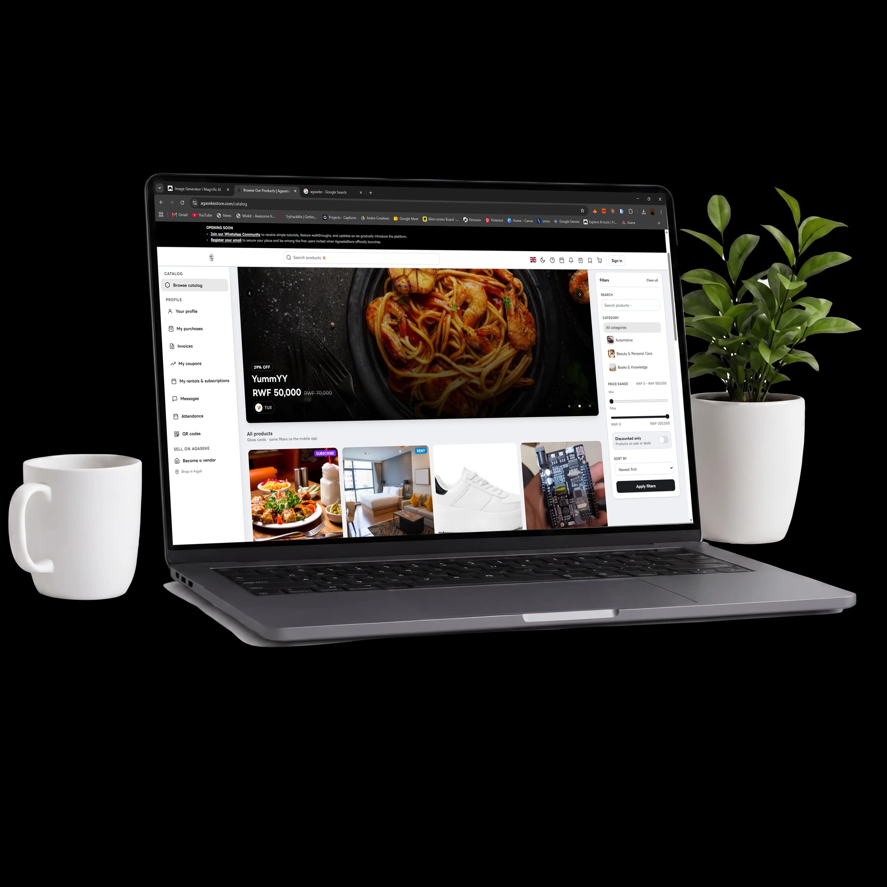 AgasekeStore catalog open on a laptop